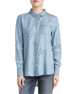 Miss Me Women's Denim Star Long Sleeve Button Down Shirt