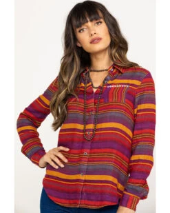 Rock & Roll Denim Women's Rust Serape Stripe Southwestern Embroidered Long Sleeve Western Shirt -Ariat || Wrangler || FREE PEOPLE Sales Store 2000290054 900 P1