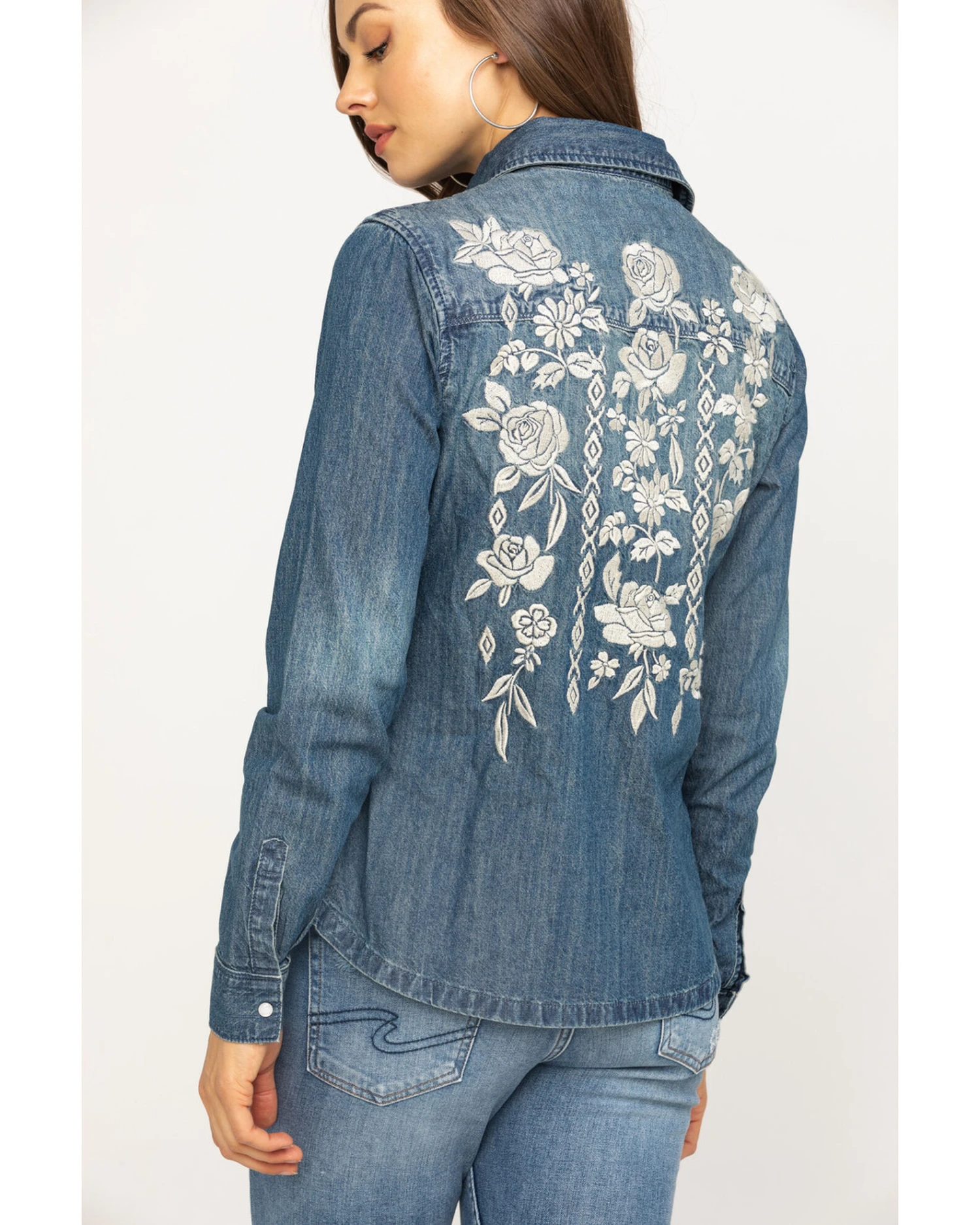 Stetson Women's Floral Embroidered Denim Long Sleeve Pearl Snap Western Shirt 2 Stetson Women's Floral Embroidered Denim Long Sleeve Pearl Snap Western Shirt - Image 2