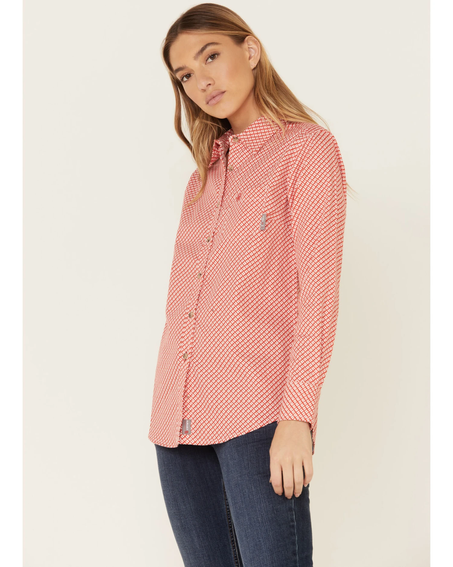 Ariat Women's FR Sofia Geo Print Long Sleeve Button Down Work Shirt 1 Ariat Women's FR Sofia Geo Print Long Sleeve Button Down Work Shirt