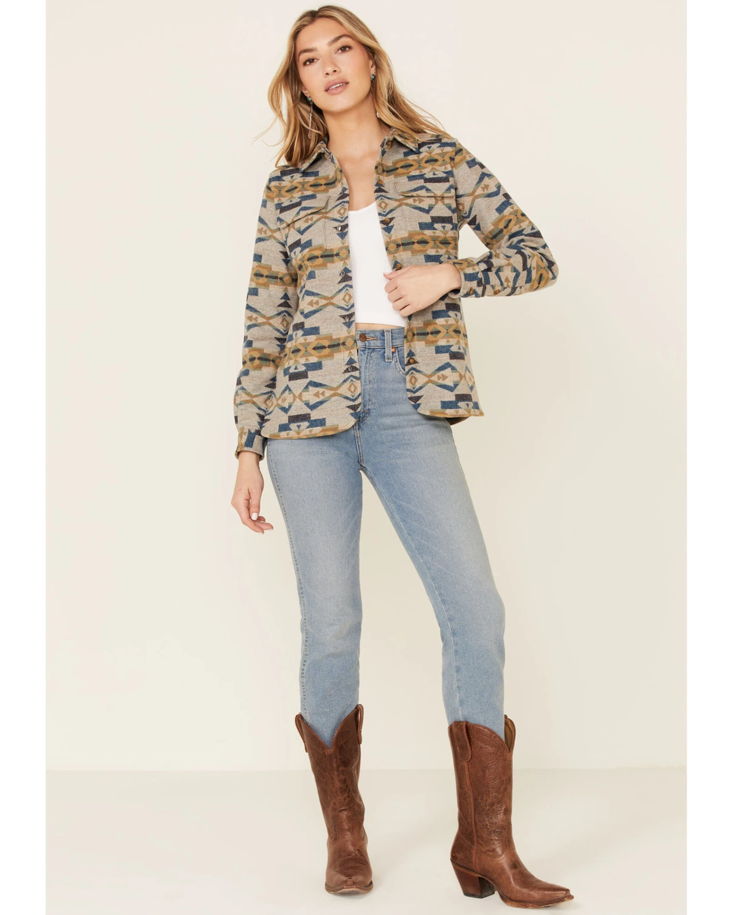 Pendleton Women's Tan Jacquard Board Plaid Long Sleeve Button Shirt Jacket 1 Pendleton Women's Tan Jacquard Board Plaid Long Sleeve Button Shirt Jacket