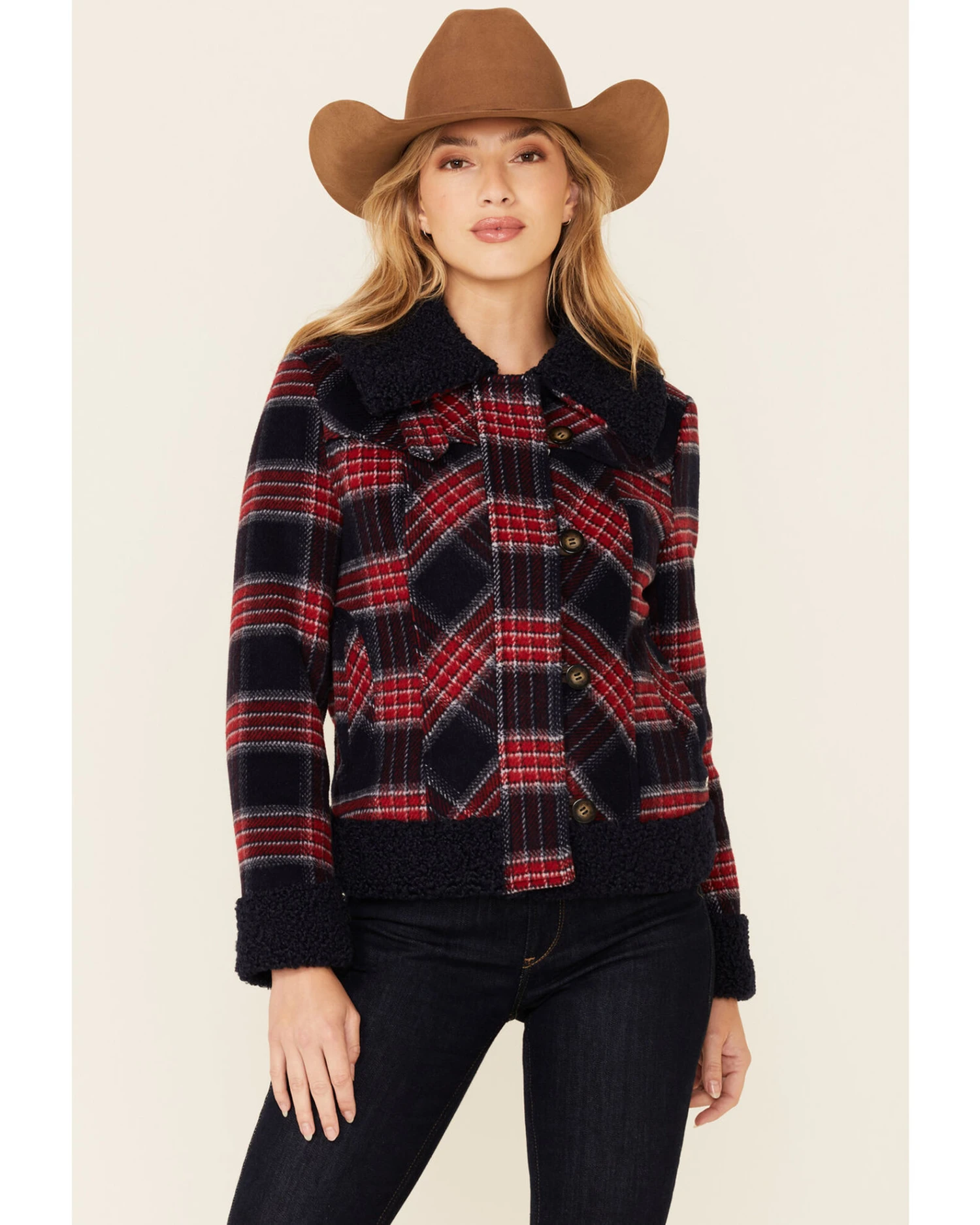 Powder River Outfitters Women's Red & Navy Plaid Button-Front Wool Sherpa Coat 4 Powder River Outfitters Women's Red & Navy Plaid Button-Front Wool Sherpa Coat - Image 4
