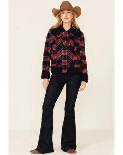 Powder River Outfitters Women's Red & Navy Plaid Button-Front Wool Sherpa Coat