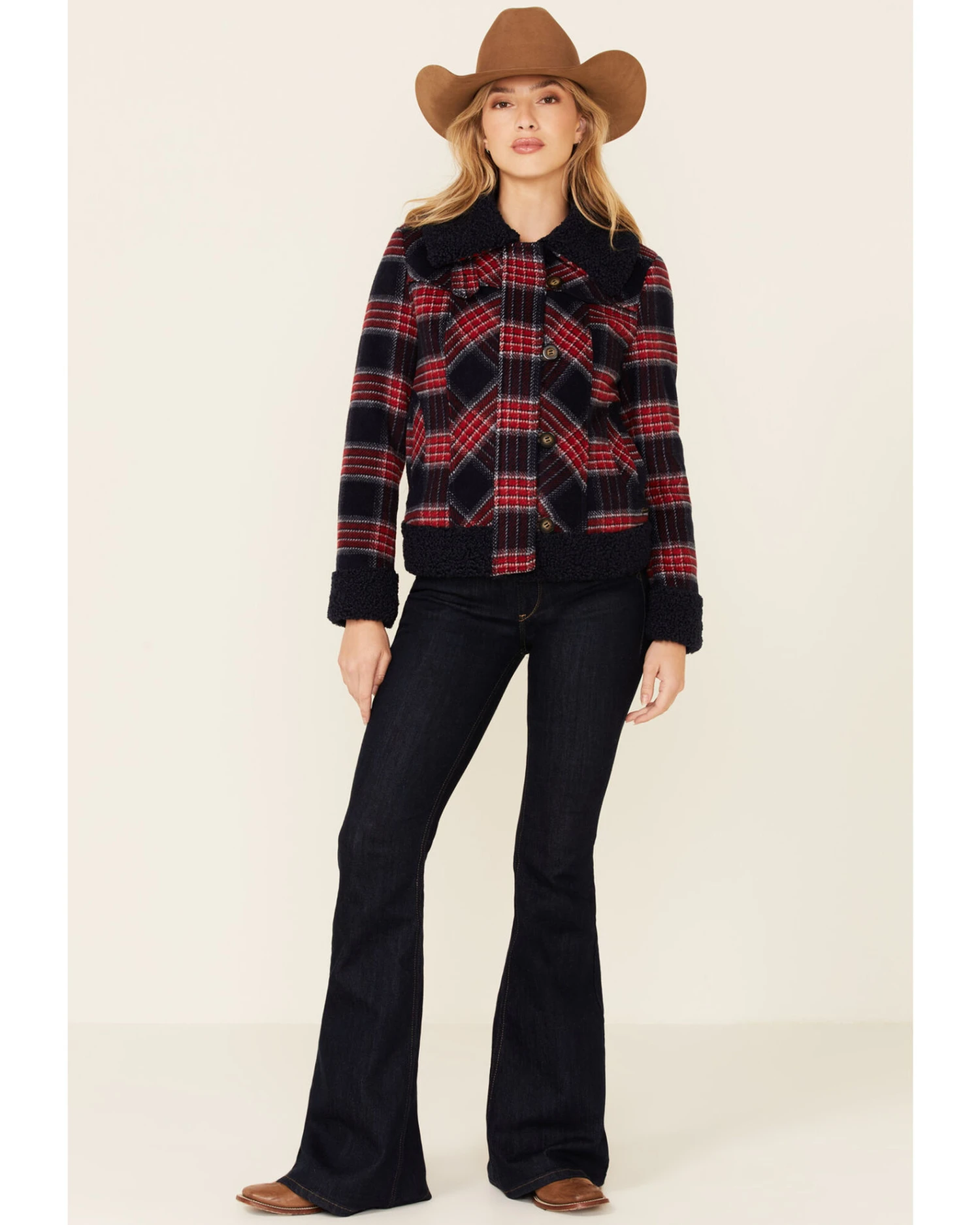 Powder River Outfitters Women's Red & Navy Plaid Button-Front Wool Sherpa Coat 1 Powder River Outfitters Women's Red & Navy Plaid Button-Front Wool Sherpa Coat