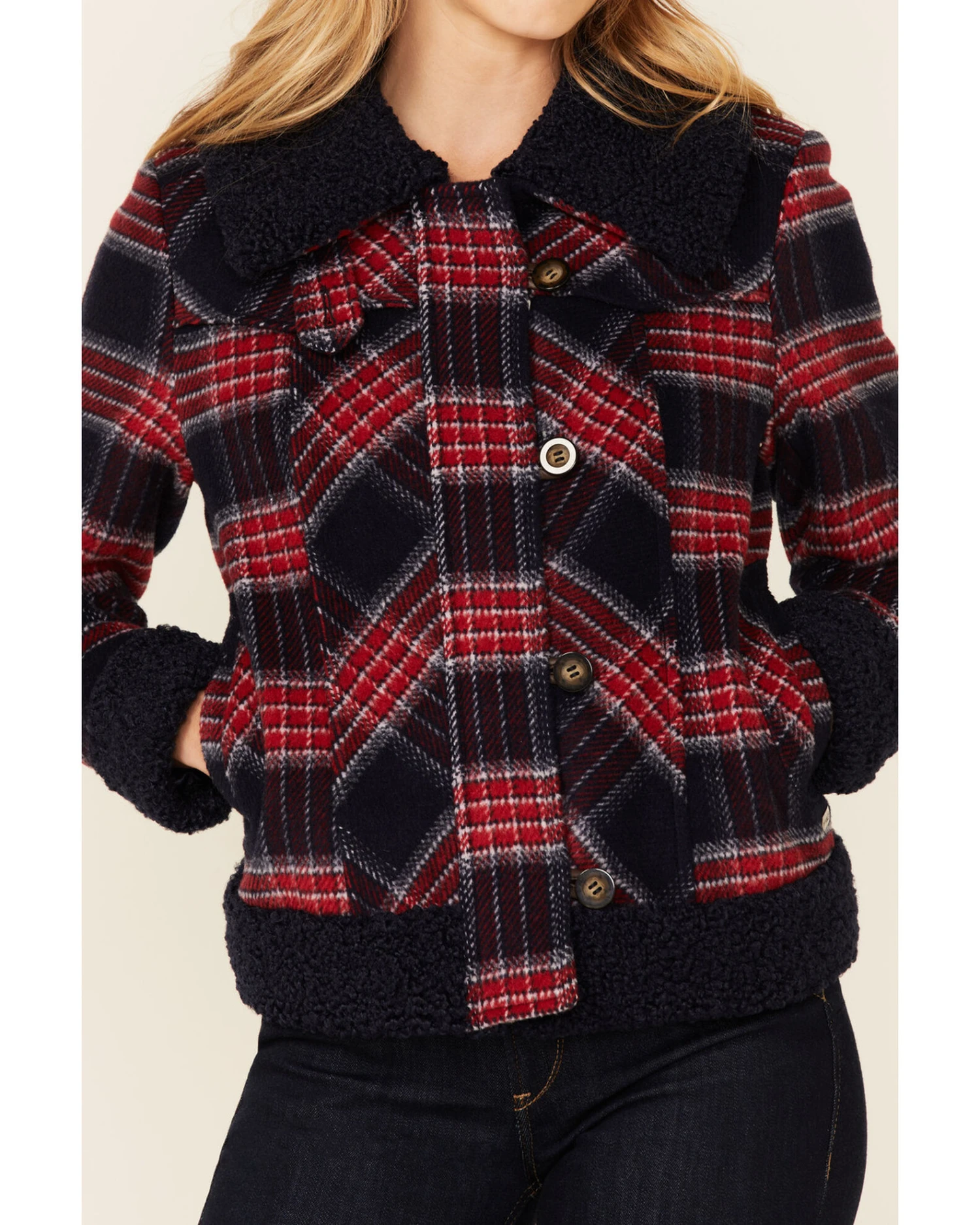 Powder River Outfitters Women's Red & Navy Plaid Button-Front Wool Sherpa Coat 3 Powder River Outfitters Women's Red & Navy Plaid Button-Front Wool Sherpa Coat - Image 3