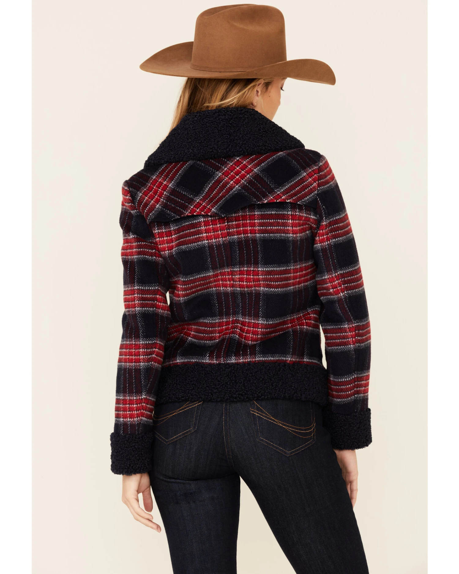 Powder River Outfitters Women's Red & Navy Plaid Button-Front Wool Sherpa Coat 2 Powder River Outfitters Women's Red & Navy Plaid Button-Front Wool Sherpa Coat - Image 2