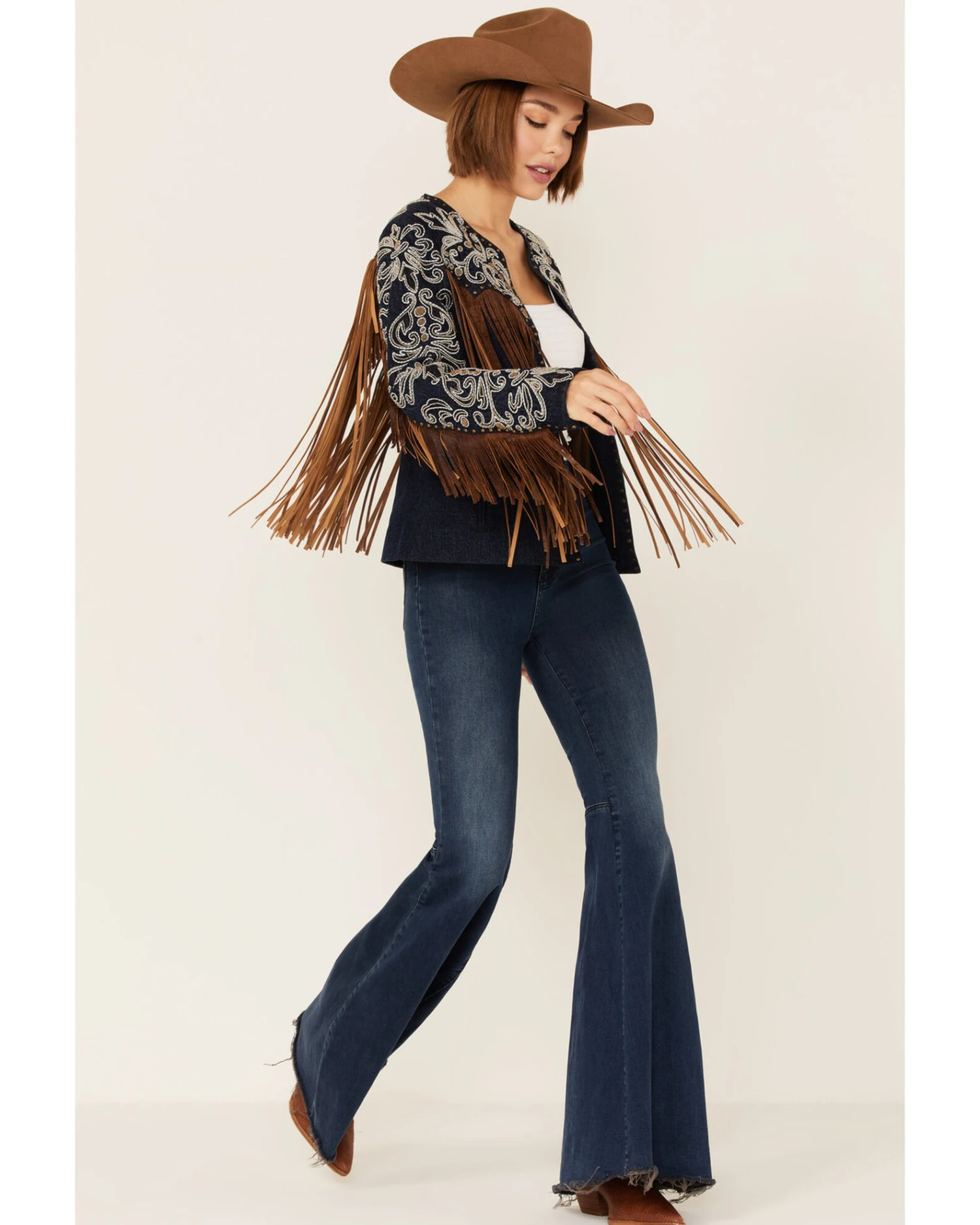 Scully Women's Demin Embroidered Floral & Beaded Stud Fringe Leather Jacket 4 Scully Women's Demin Embroidered Floral & Beaded Stud Fringe Leather Jacket - Image 4