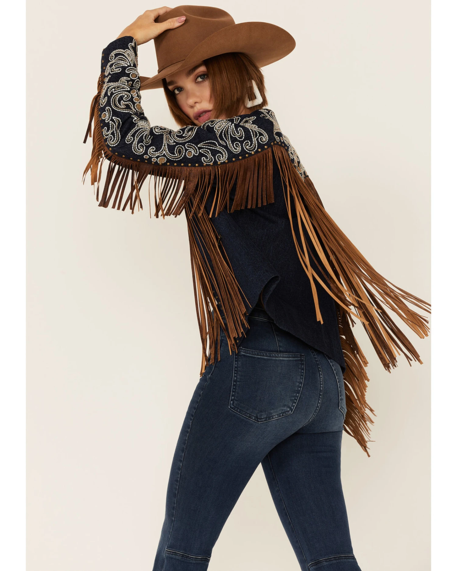 Scully Women's Demin Embroidered Floral & Beaded Stud Fringe Leather Jacket 2 Scully Women's Demin Embroidered Floral & Beaded Stud Fringe Leather Jacket - Image 2