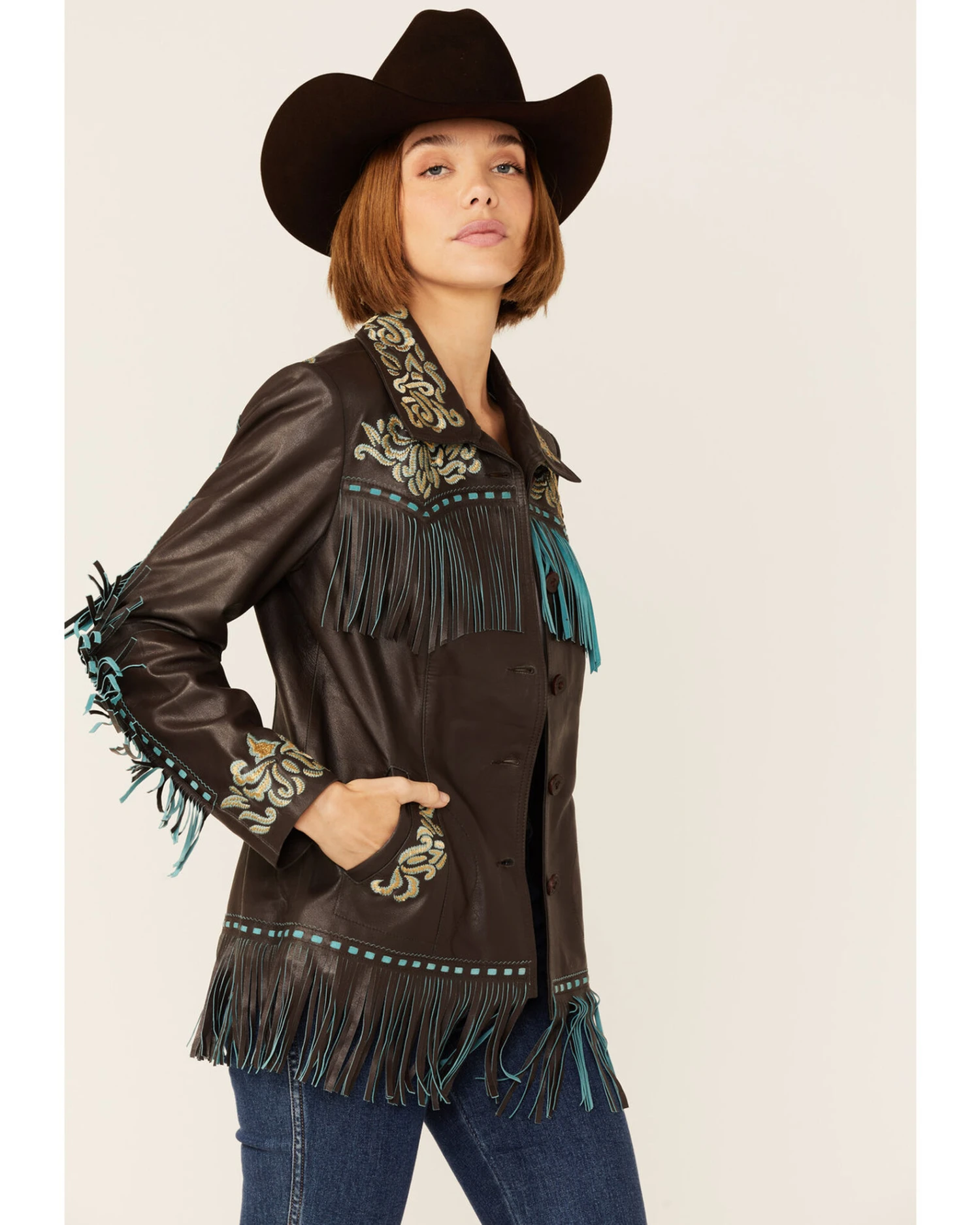 Scully Women's Brown & Turquoise Embroidered Yoke & Fringe Suede Leather Jacket 3 Scully Women's Brown & Turquoise Embroidered Yoke & Fringe Suede Leather Jacket - Image 3
