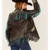 Scully Women's Brown & Turquoise Embroidered Yoke & Fringe Suede Leather Jacket
