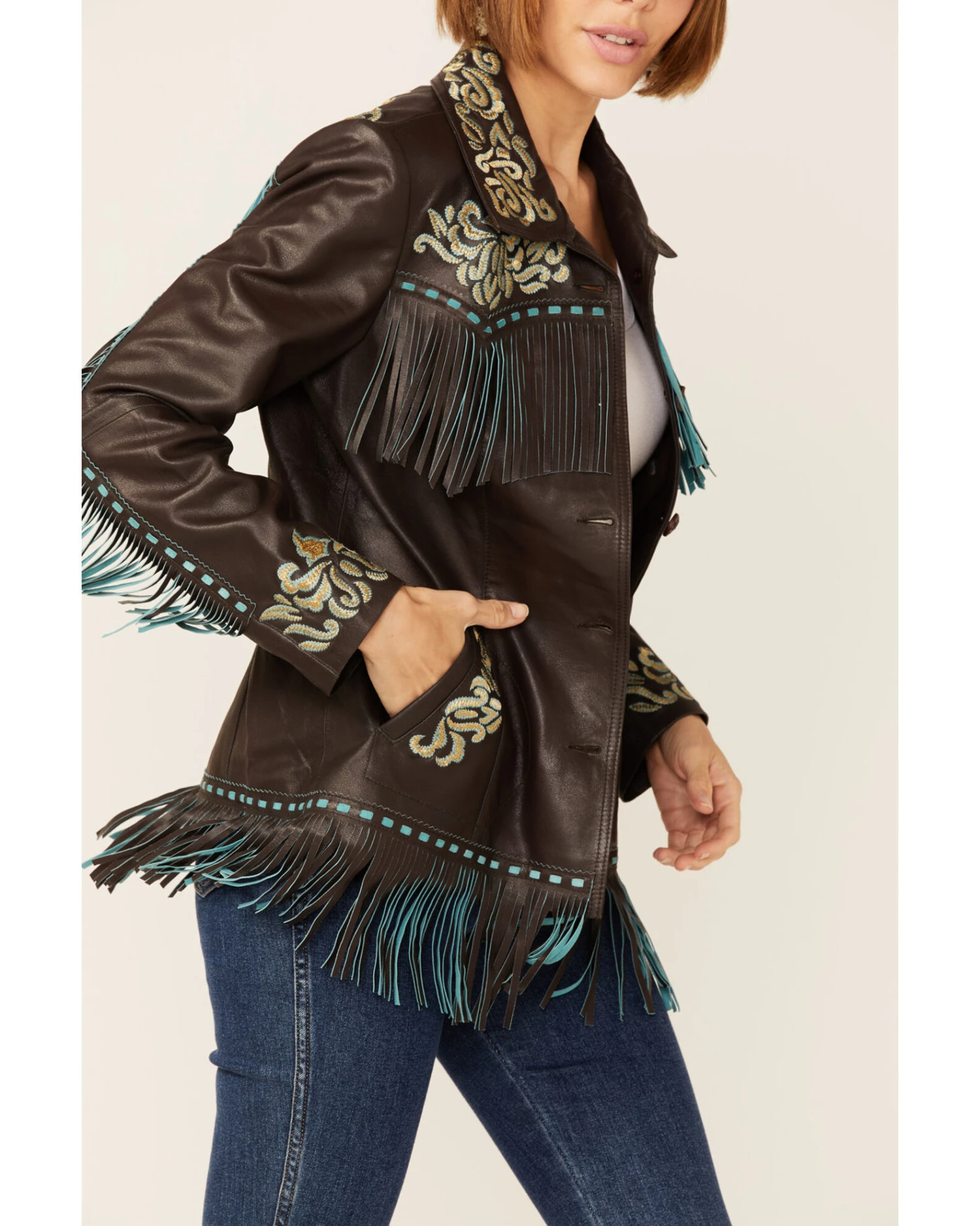 Scully Women's Brown & Turquoise Embroidered Yoke & Fringe Suede Leather Jacket 4 Scully Women's Brown & Turquoise Embroidered Yoke & Fringe Suede Leather Jacket - Image 4
