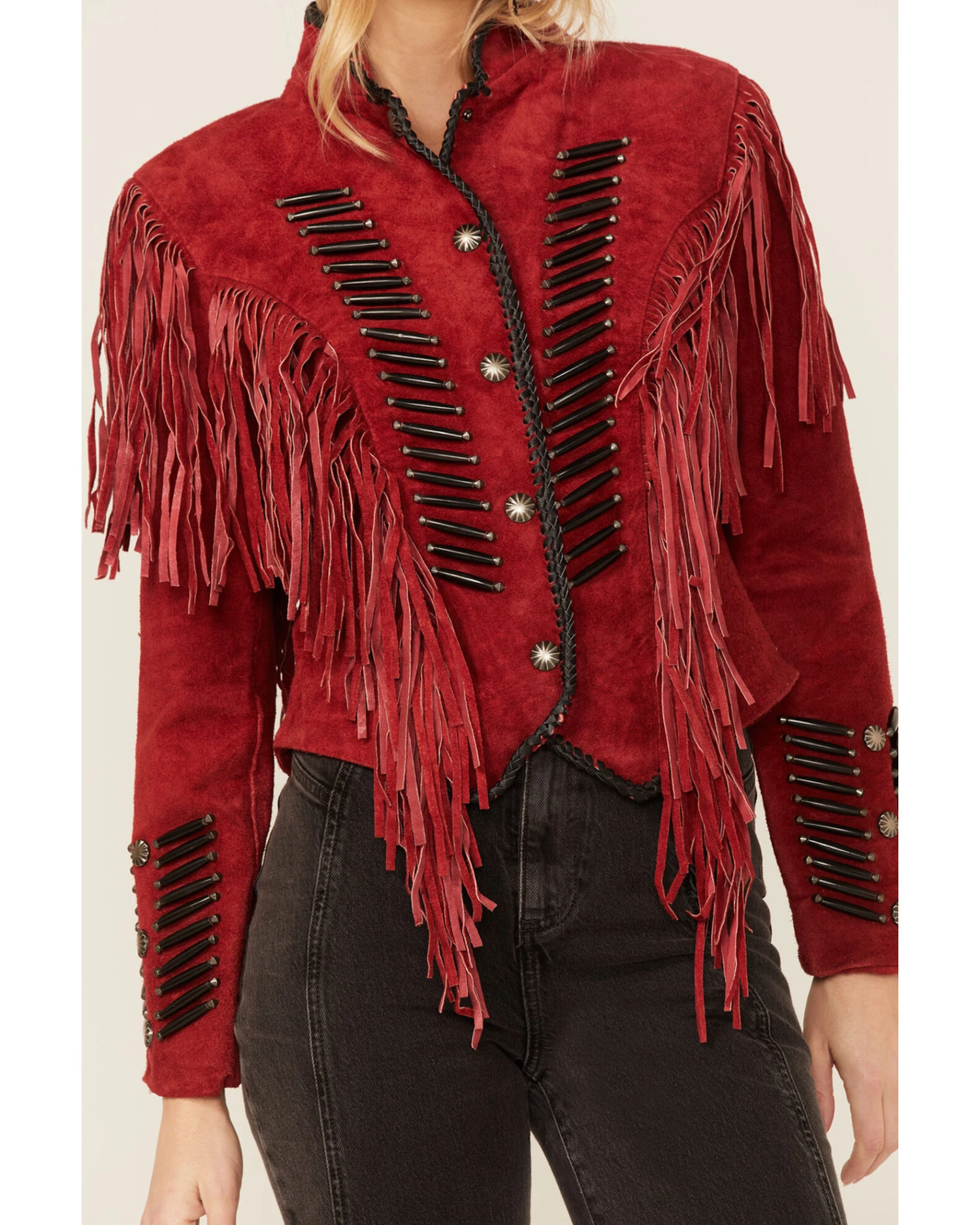 Cripple Creek Women's Beaded Suede Fringe Black Bones Military Jacket 3 Cripple Creek Women's Beaded Suede Fringe Black Bones Military Jacket - Image 3