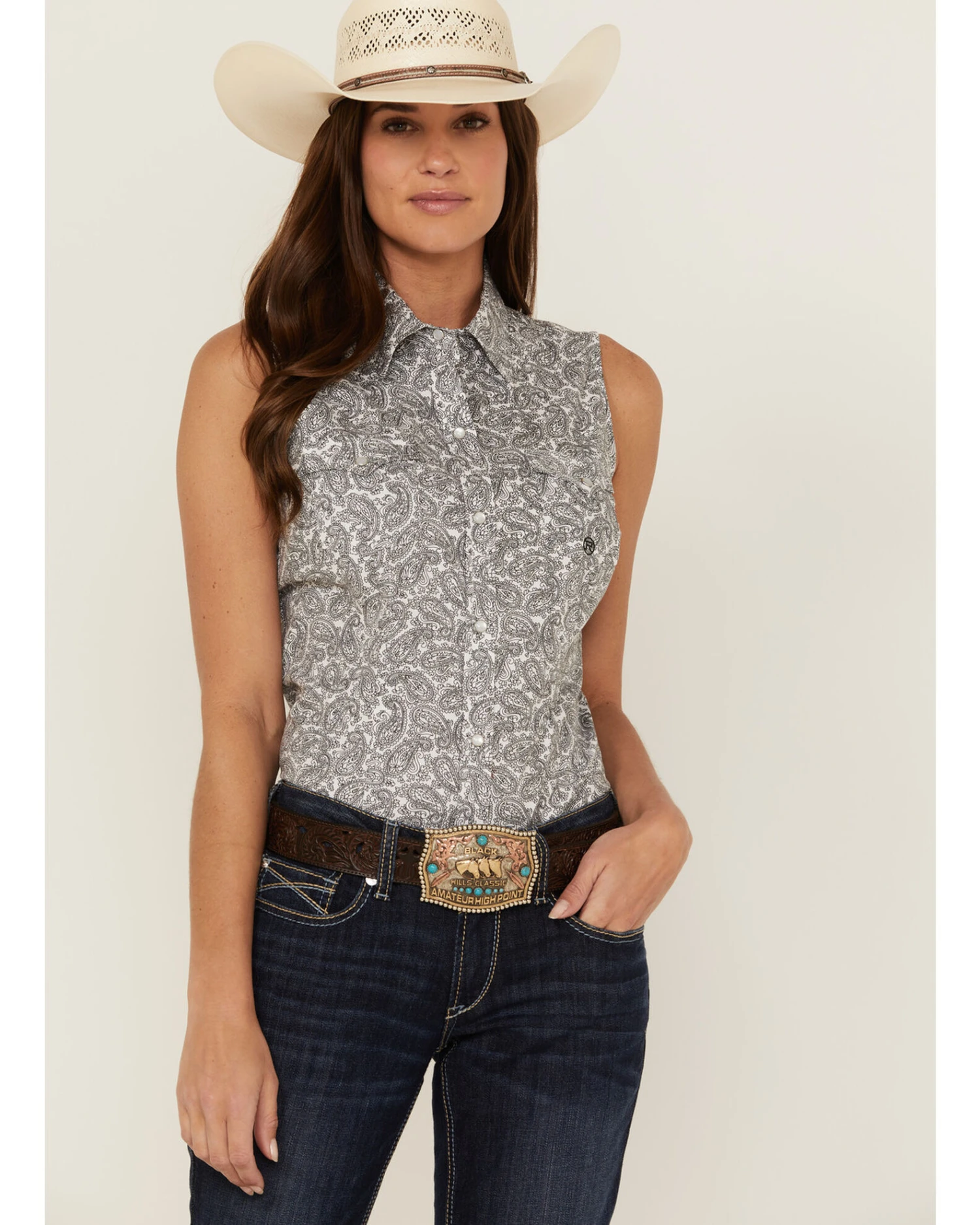 Roper Women's Paisley Print Sleeveless Pearl Snap Western Shirt 3 Roper Women's Paisley Print Sleeveless Pearl Snap Western Shirt - Image 3