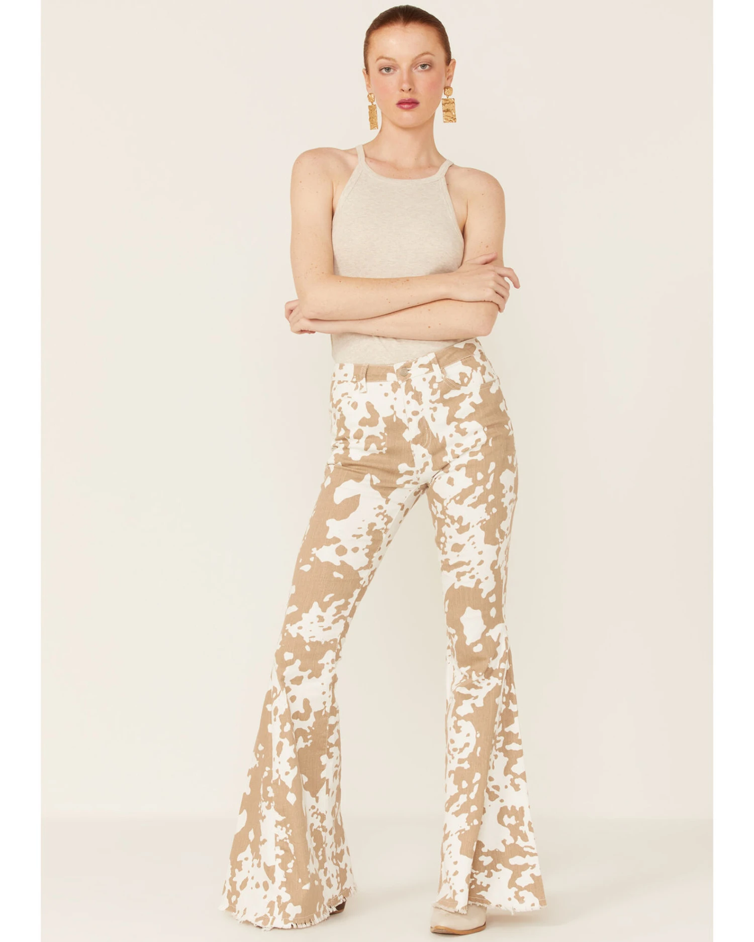 Saints & Hearts Women's Cow Print High Rise Raw Hem Flare Jeans 1 Saints & Hearts Women's Cow Print High Rise Raw Hem Flare Jeans