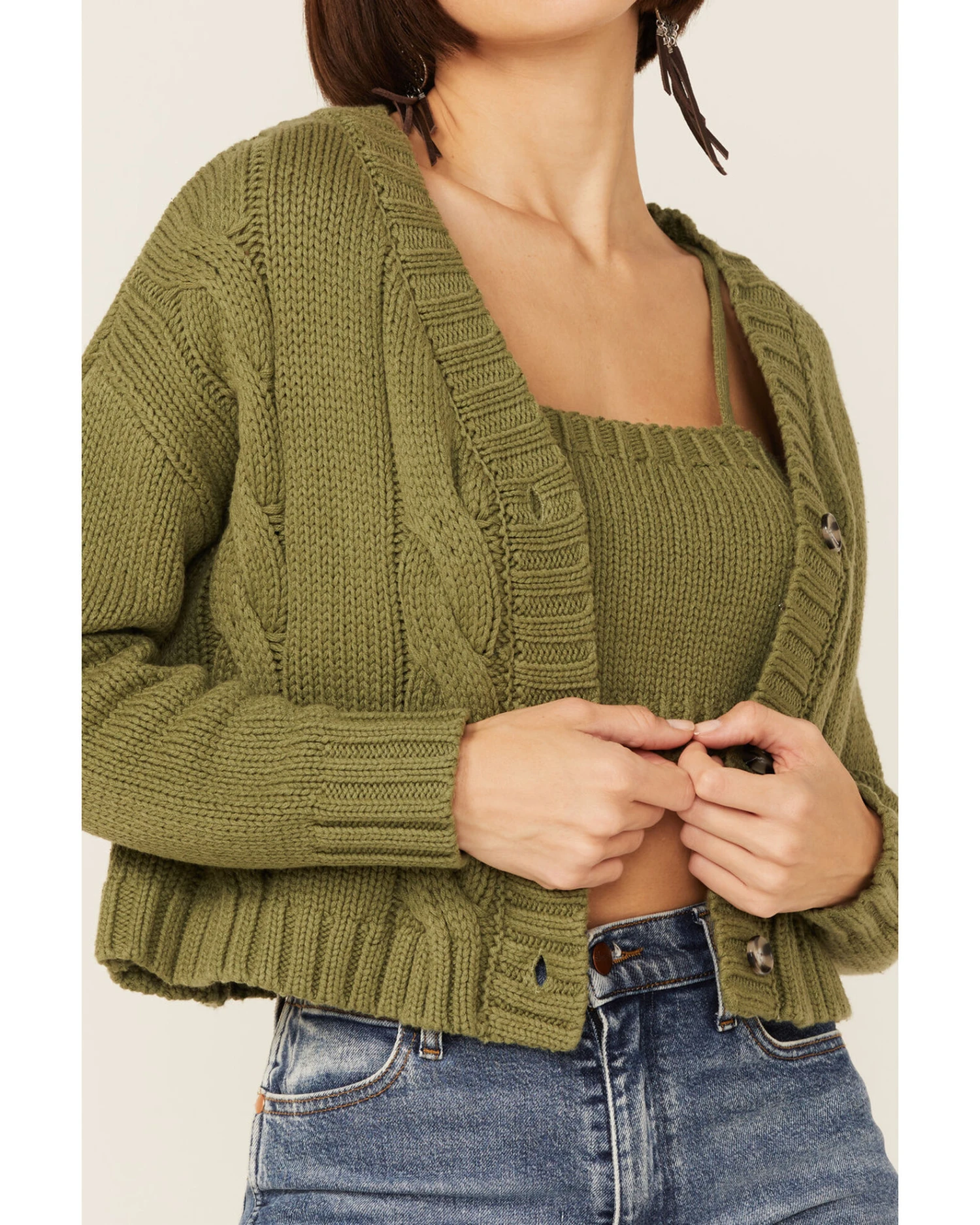 Callahan Women's Sage Olive Cable Lu Cardigan & Tank Set 3 Callahan Women's Sage Olive Cable Lu Cardigan & Tank Set - Image 3