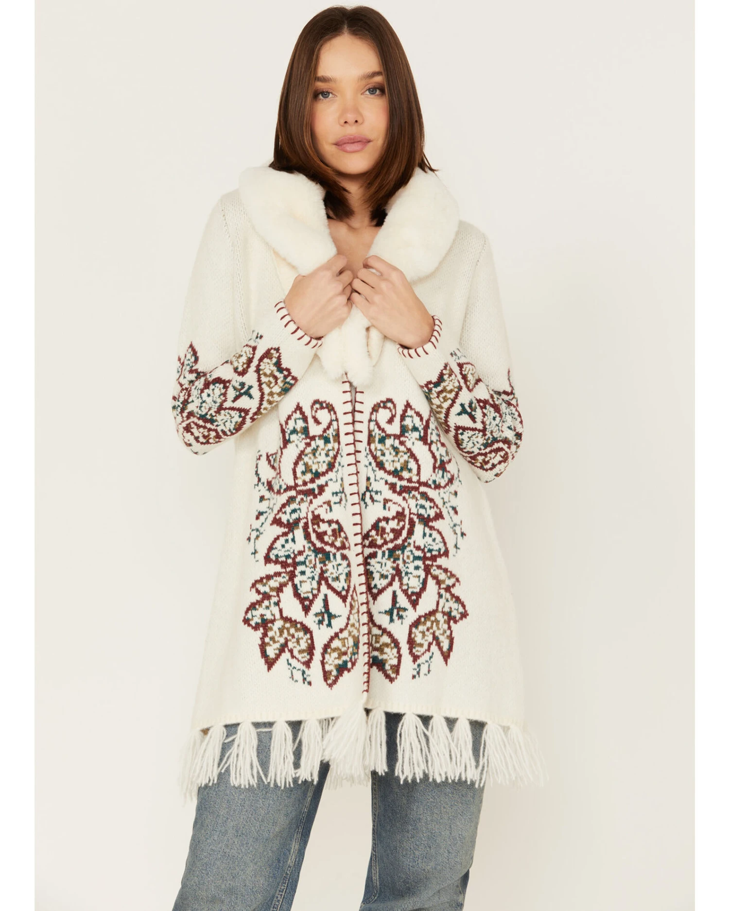 Shyanne Women's Paisley Knit Fringe & Faux Fur Cardigan 1 Shyanne Women's Paisley Knit Fringe & Faux Fur Cardigan