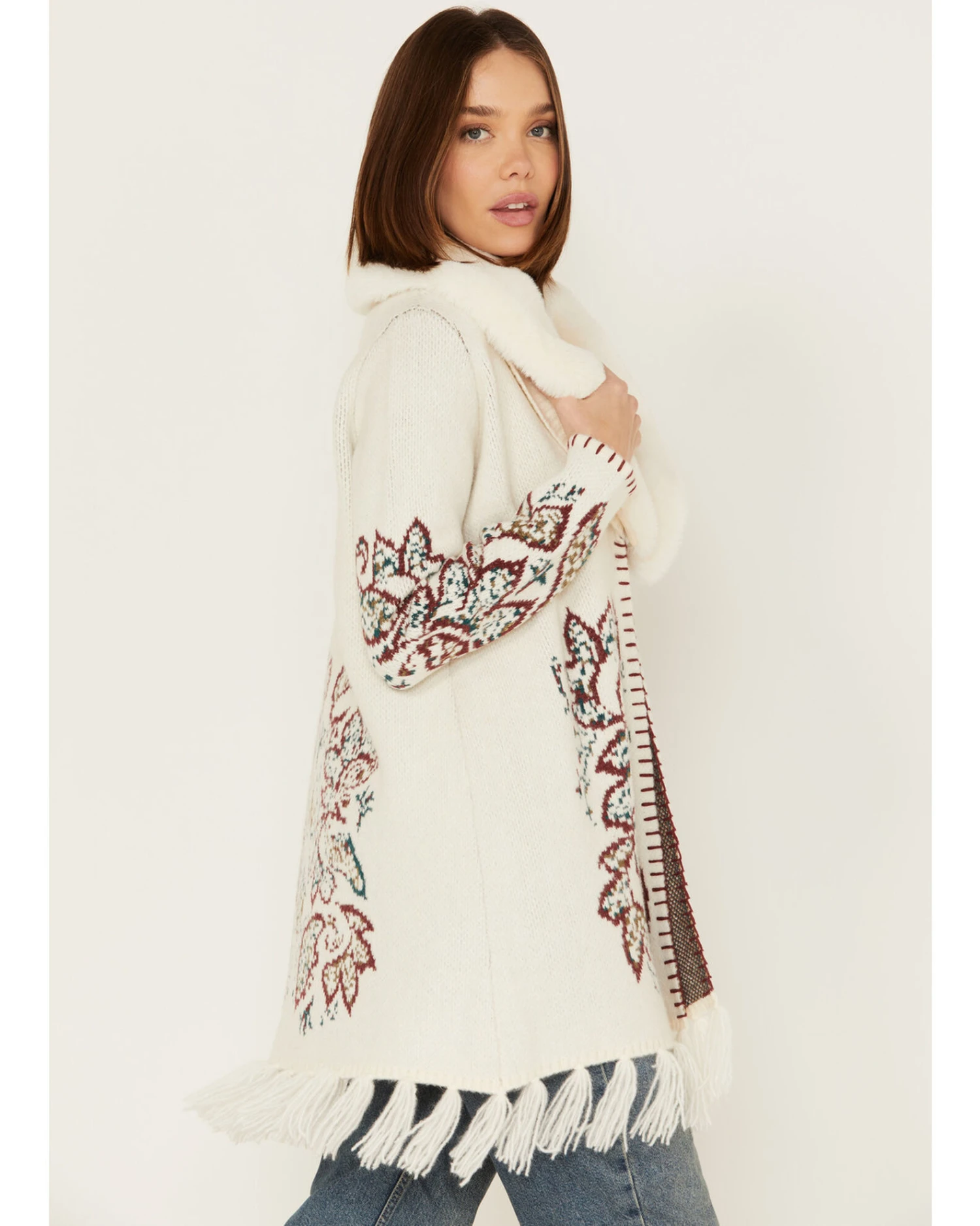 Shyanne Women's Paisley Knit Fringe & Faux Fur Cardigan 3 Shyanne Women's Paisley Knit Fringe & Faux Fur Cardigan - Image 3