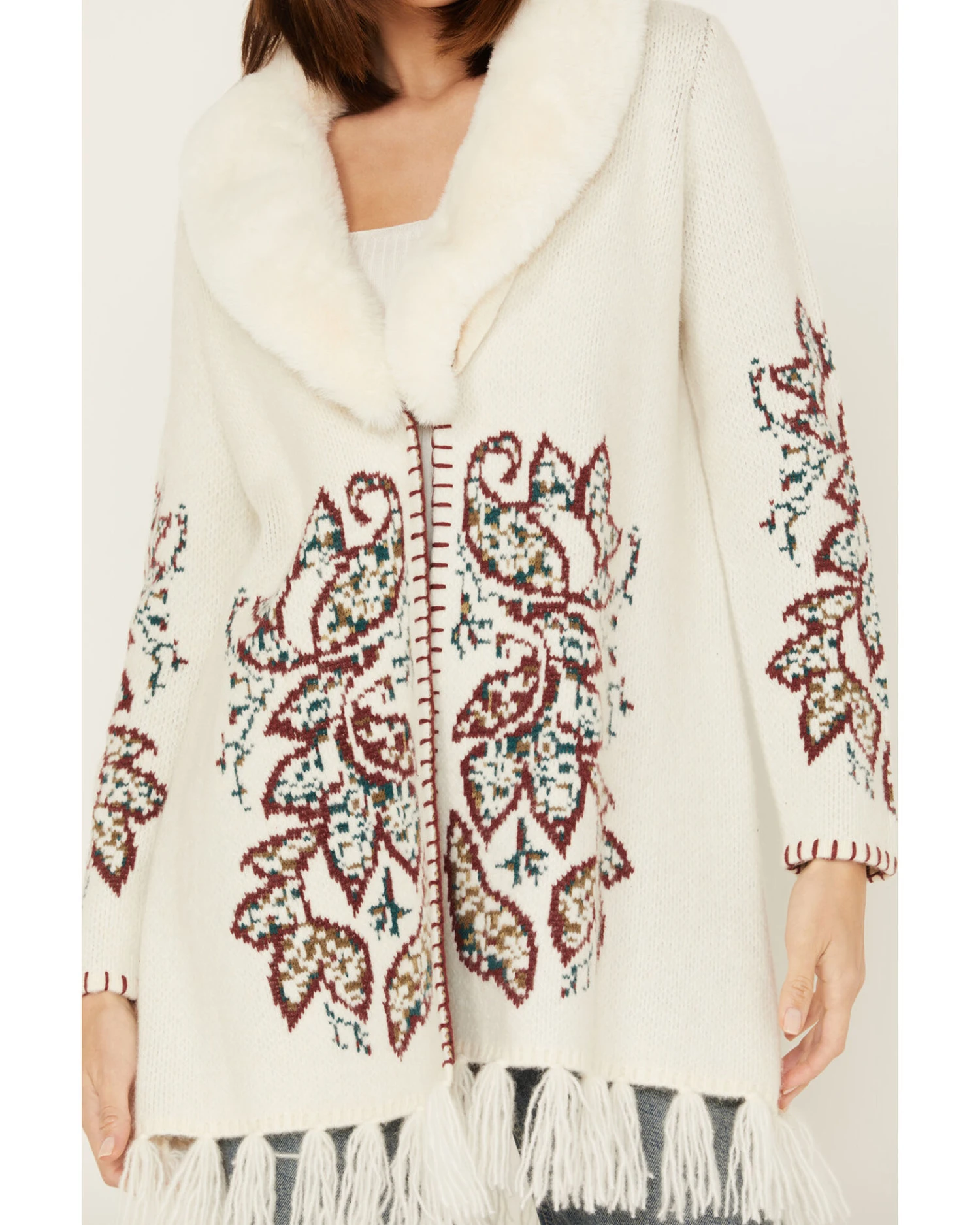 Shyanne Women's Paisley Knit Fringe & Faux Fur Cardigan 2 Shyanne Women's Paisley Knit Fringe & Faux Fur Cardigan - Image 2