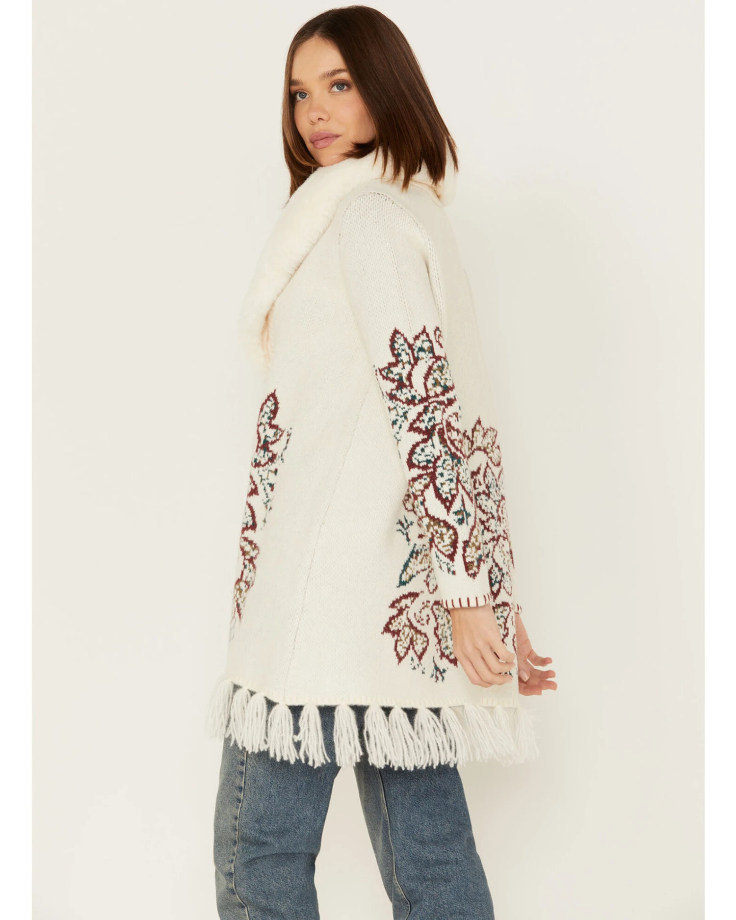 Shyanne Women's Paisley Knit Fringe & Faux Fur Cardigan 4 Shyanne Women's Paisley Knit Fringe & Faux Fur Cardigan - Image 4