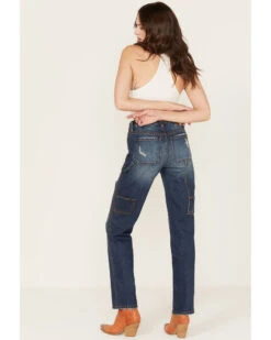 Cleo + Wolf Women's Medium Wash Mid Rise Distressed Cargo Straight Jeans -Ariat || Wrangler || FREE PEOPLE Sales Store 2000373356 414 P3