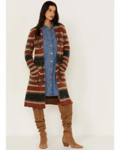Cruel Girl Women's Southwestern Print Stripe Shag Duster Cardigan Sweater -Ariat || Wrangler || FREE PEOPLE Sales Store 2000373578 900 P1