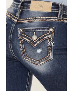 Miss Me Women's Dark Wash Mid Rise Embroidered Rhinestone Distressed Straight Jeans