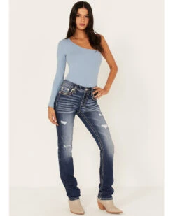 Miss Me Women's Dark Wash Mid Rise Embroidered Rhinestone Distressed Straight Jeans -Ariat || Wrangler || FREE PEOPLE Sales Store 2000378168 401 P3