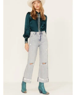 Ceros Women's Light Wash High Rise Distressed Wide Jeans -Ariat || Wrangler || FREE PEOPLE Sales Store 2000379285 400 P1