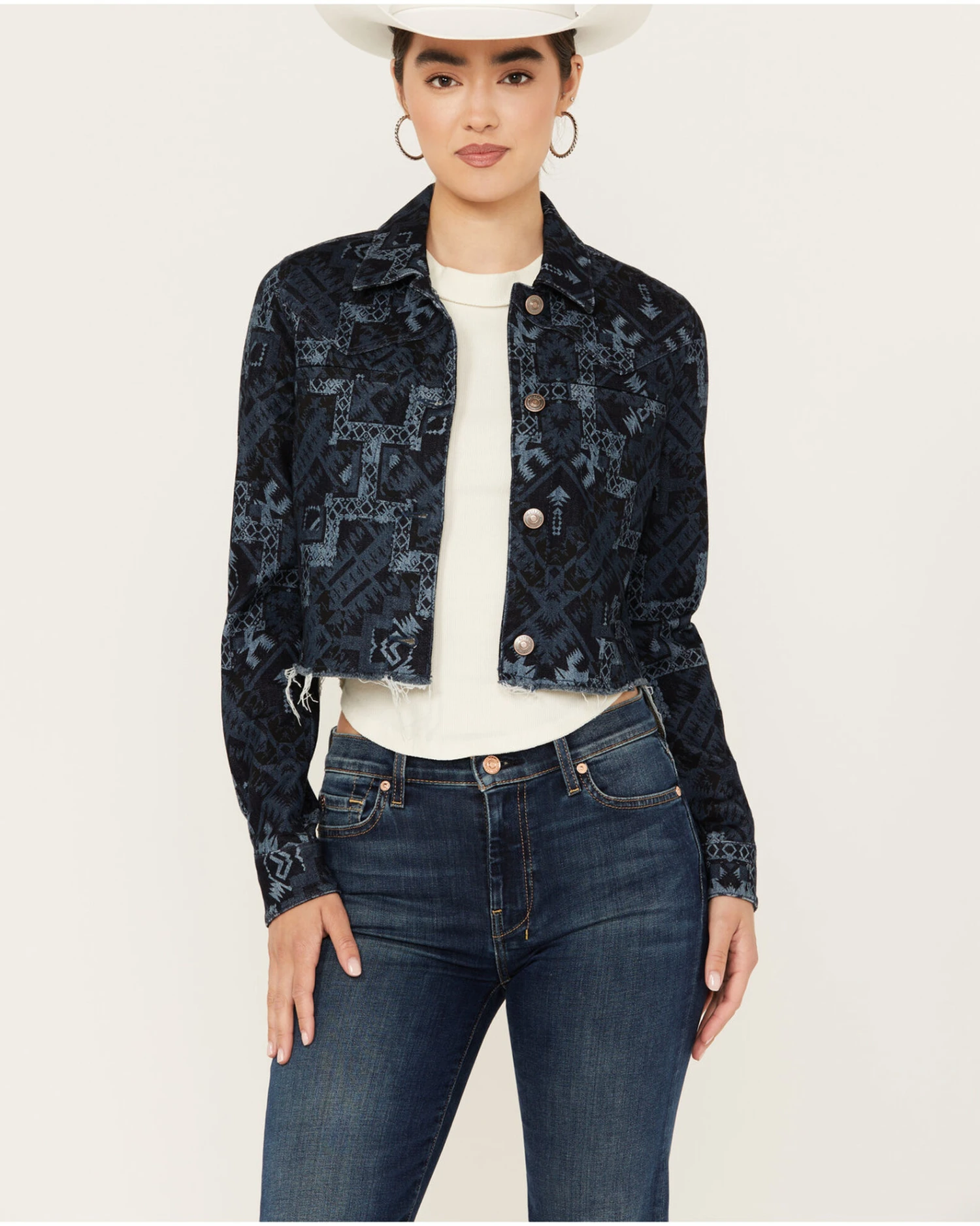 Shyanne Women's Printed Cropped Frayed Jacket 1 Shyanne Women's Printed Cropped Frayed Jacket