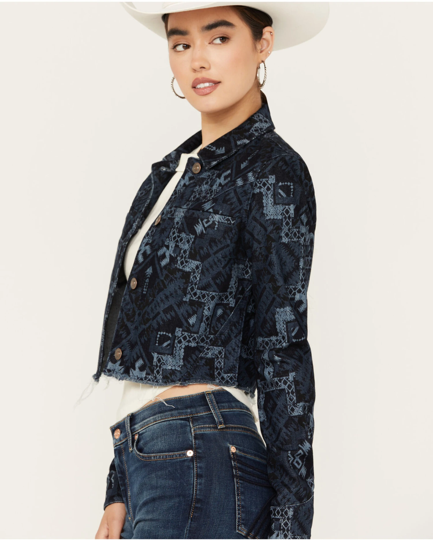 Shyanne Women's Printed Cropped Frayed Jacket 4 Shyanne Women's Printed Cropped Frayed Jacket - Image 4