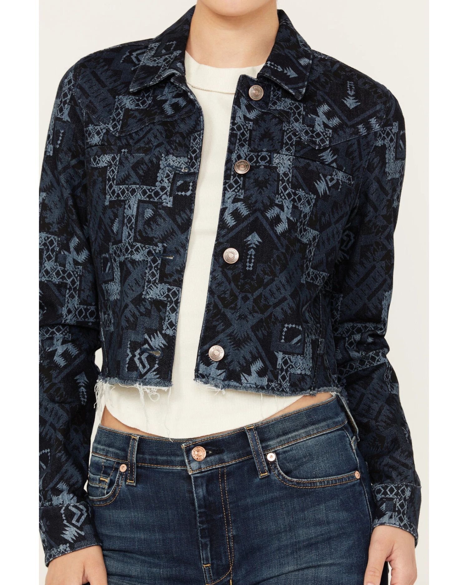 Shyanne Women's Printed Cropped Frayed Jacket 2 Shyanne Women's Printed Cropped Frayed Jacket - Image 2