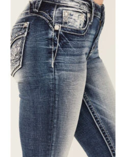 Miss Me Women's Dark Wash Mid Rise Floral Paisley Winged Stretch Bootcut Jeans -Ariat || Wrangler || FREE PEOPLE Sales Store 2000388623 401 P4