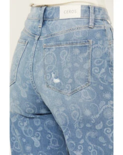 Ceros Women's Medium Wash High Rise Paisley Printed Wide Leg Straight Stretch Jeans -Ariat || Wrangler || FREE PEOPLE Sales Store 2000392259 414 P4